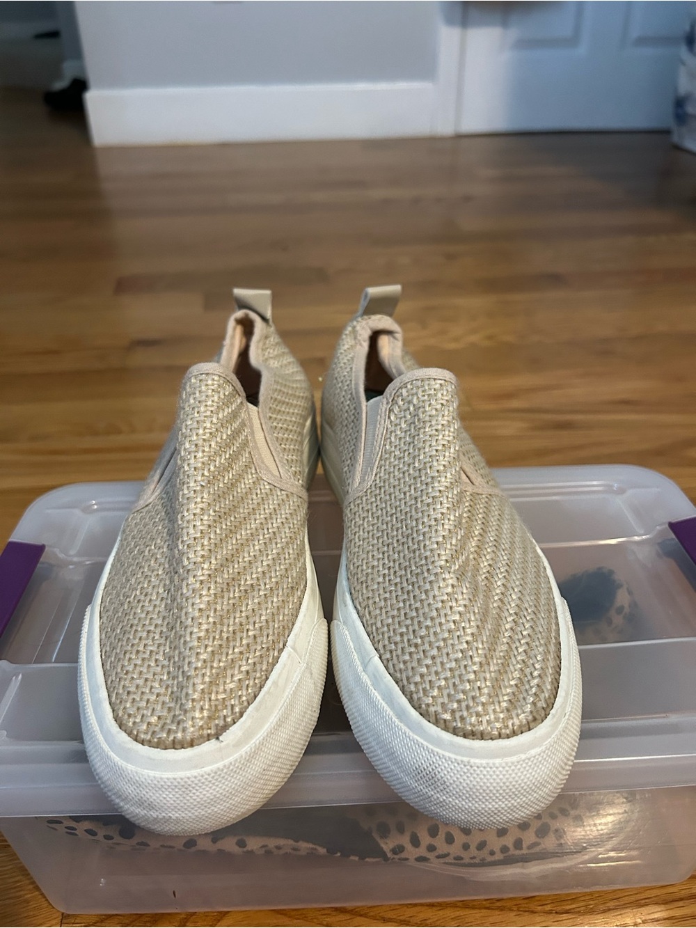 Restricted Woven Slip-On Sneakers in Beige and White